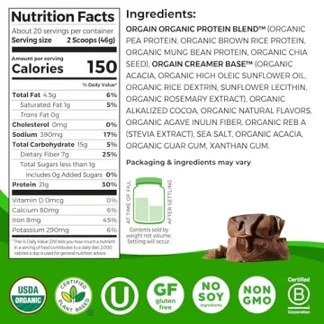 Orgain Organic Vegan Protein Powder Creamy Chocolate Fudge