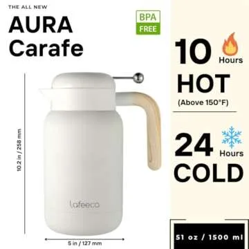 Aura Thermal Coffee Carafe Tea Pot for Keeping Hot & Iced Cold - Vacuum Insulated - Thermos Water Pitcher - Beverage Dispenser - Cool Touch Handle & Lid - BPA Free - 1.5 Liter - Dune