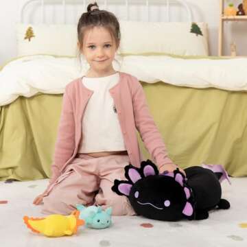 MaoGoLan 4Pcs Giant Axolotl Plush with 3 Babies Inside-23.5" Large Ultra Soft Axolotl Stuffed Animals Throw Pillow-Squishy Stuffed Axolotl Plush Collection Gift for Axolotl Lover,Kids,Teens,Black