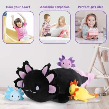 MaoGoLan 4Pcs Giant Axolotl Plush with 3 Babies Inside-23.5" Large Ultra Soft Axolotl Stuffed Animals Throw Pillow-Squishy Stuffed Axolotl Plush Collection Gift for Axolotl Lover,Kids,Teens,Black