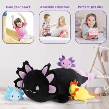 MaoGoLan 4Pcs Giant Axolotl Plush with 3 Babies Inside-23.5" Large Ultra Soft Axolotl Stuffed Animals Throw Pillow-Squishy Stuffed Axolotl Plush Collection Gift for Axolotl Lover,Kids,Teens,Black