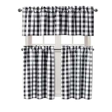 Hiasan 3 Piece Semi Sheer Black Kitchen Curtains Light Filtering Buffalo Checkered Tier and Valance Window Curtains Set, 60 W x 18 L (1 Panel) + 29 W x 36 L (2 Panels)