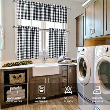 Hiasan 3 Piece Semi Sheer Black Kitchen Curtains Light Filtering Buffalo Checkered Tier and Valance Window Curtains Set, 60 W x 18 L (1 Panel) + 29 W x 36 L (2 Panels)