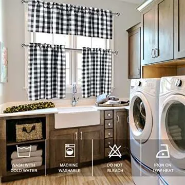 Hiasan 3 Piece Semi Sheer Black Kitchen Curtains Light Filtering Buffalo Checkered Tier and Valance Window Curtains Set, 60 W x 18 L (1 Panel) + 29 W x 36 L (2 Panels)