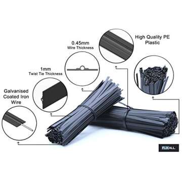 Flixall. 5 inches Twist Ties Pack of 100 - Premium Quality Reusable Black Plastic Coated Twist Ties ...