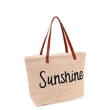 Genovega Women Beach Tote Summer Purse Handbag Utility Bag Zipper, Beige Cute Xl Large Woven Straw for Travel, Mom Female Sister Wife Girlfriend
