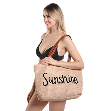 Genovega Women Beach Tote Summer Purse Handbag Utility Bag Zipper, Beige Cute Xl Large Woven Straw for Travel, Mom Female Sister Wife Girlfriend