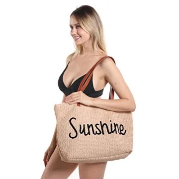 Genovega Women Beach Tote Summer Purse Handbag Utility Bag Zipper, Beige Cute Xl Large Woven Straw for Travel, Mom Female Sister Wife Girlfriend