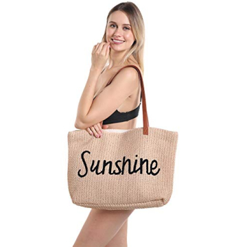 Genovega Women Beach Tote Summer Purse Handbag Utility Bag Zipper, Beige Cute Xl Large Woven Straw for Travel, Mom Female Sister Wife Girlfriend