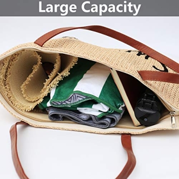 Genovega Women Beach Tote Summer Purse Handbag Utility Bag Zipper, Beige Cute Xl Large Woven Straw for Travel, Mom Female Sister Wife Girlfriend