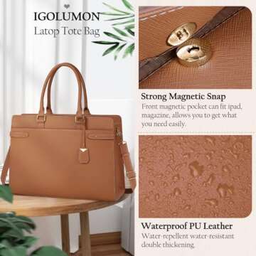 Laptop Bag for Women 15.6 Inch Leather Tote Bag Professional Work Bag Waterproof Computer Briefcase Business Office Bag Large Capacity Handbag Shoulder Bag, Brown