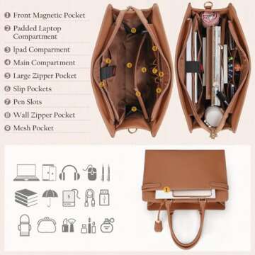 Laptop Bag for Women 15.6 Inch Leather Tote Bag Professional Work Bag Waterproof Computer Briefcase Business Office Bag Large Capacity Handbag Shoulder Bag, Brown