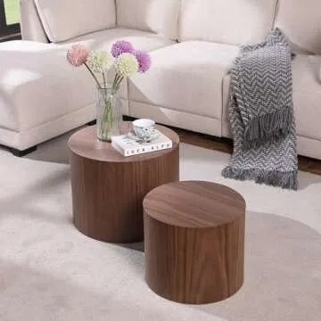 WILLIAMSPACE Nesting End Table Walnut, Wooden Round Coffee Tables Modern Circle Table Set of 2 for Small Space Living Room Bedroom Accent Side Table (Walnut, Round)