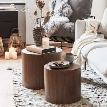 WILLIAMSPACE Nesting End Table Walnut, Wooden Round Coffee Tables Modern Circle Table Set of 2 for Small Space Living Room Bedroom Accent Side Table (Walnut, Round)