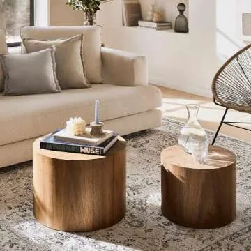 WILLIAMSPACE Nesting End Table Walnut, Wooden Round Coffee Tables Modern Circle Table Set of 2 for Small Space Living Room Bedroom Accent Side Table (Walnut, Round)