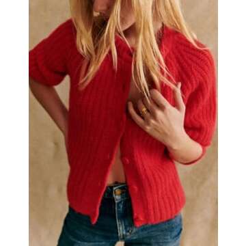 Watashi Womens Cardigan Sweater Crewneck Button Down Sweater Fall Long Sleeve Chunky Knitwear Casual Open Front Loose Cardigan Coat (Red-S)