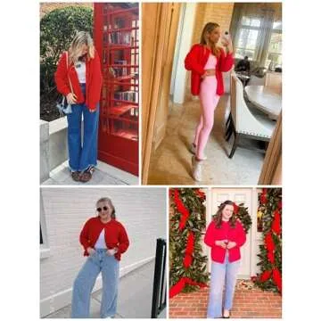 Watashi Womens Cardigan Sweater Crewneck Button Down Sweater Fall Long Sleeve Chunky Knitwear Casual Open Front Loose Cardigan Coat (Red-S)