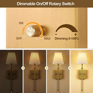 TRLIFE Dimmable Wall Sconces Set of 2, Wall Sconce Plug in Brushed Brass Wall Mounted Light Wall Lights with Plug in Cord and Dimmer On/Off Switch and Beige Fabric Shade(2 Bulbs Included)