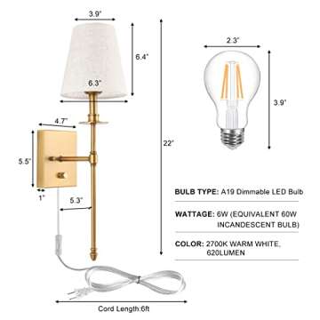 TRLIFE Dimmable Wall Sconces Set of 2, Wall Sconce Plug in Brushed Brass Wall Mounted Light Wall Lights with Plug in Cord and Dimmer On/Off Switch and Beige Fabric Shade(2 Bulbs Included)