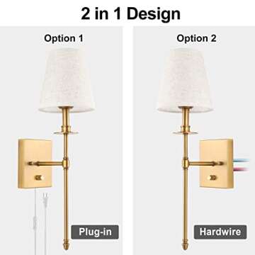 TRLIFE Dimmable Wall Sconces Set of 2, Wall Sconce Plug in Brushed Brass Wall Mounted Light Wall Lights with Plug in Cord and Dimmer On/Off Switch and Beige Fabric Shade(2 Bulbs Included)