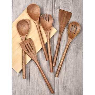 RUCHBA Wooden Spoons Utensils for Cooking Serving, 12 Inch Acacia Wood Tools Sets Non Stick Apartmen...