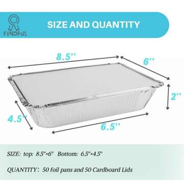 Aluminum Pans with Lids (50-Pack, 8.5"×6") 2.25 LB Capacity Foil Food Containers with Lids - 50 Pan...