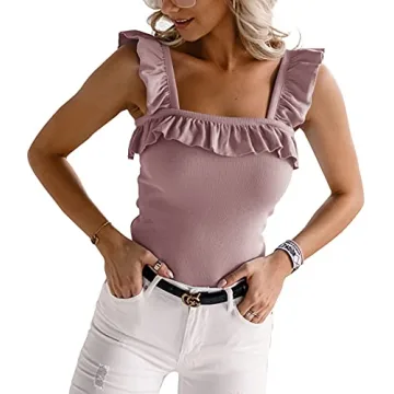 Womens Cute Sleeveless Tank Tops Ruffle Strap Square Neck Blouse Solid Color Knitted Camisole Pink