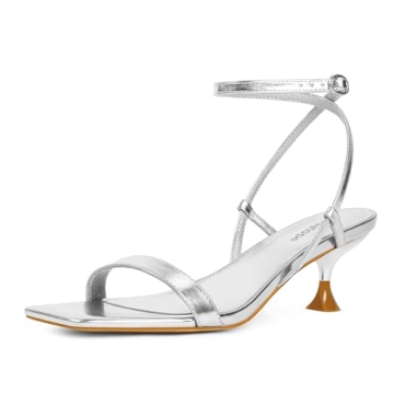 Modatope Metallic Heeled Sandals Silver Strappy Heels Women Square Toe Ankle Strap Low Kitten Heel P...