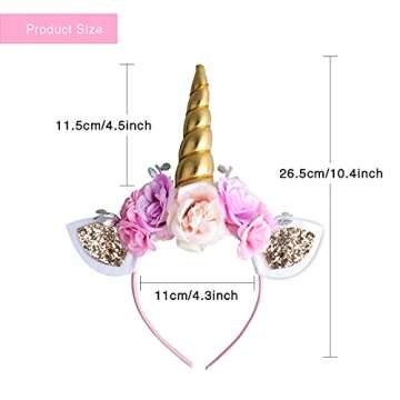 AHIER Unicorn Headband Gold Horn for Unicorn Party Supplies Flowers Cat Ear Head Bands (Unicorn Headband)