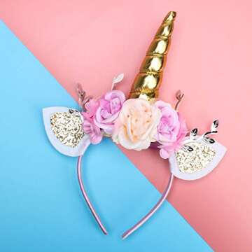 AHIER Unicorn Headband Gold Horn for Unicorn Party Supplies Flowers Cat Ear Head Bands (Unicorn Headband)