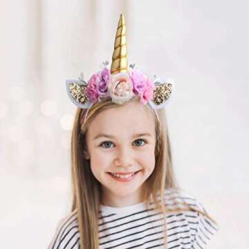 AHIER Unicorn Headband Gold Horn for Unicorn Party Supplies Flowers Cat Ear Head Bands (Unicorn Headband)