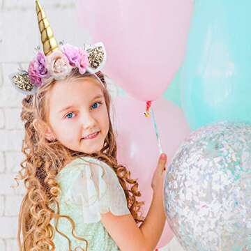 AHIER Unicorn Headband Gold Horn for Unicorn Party Supplies Flowers Cat Ear Head Bands (Unicorn Headband)