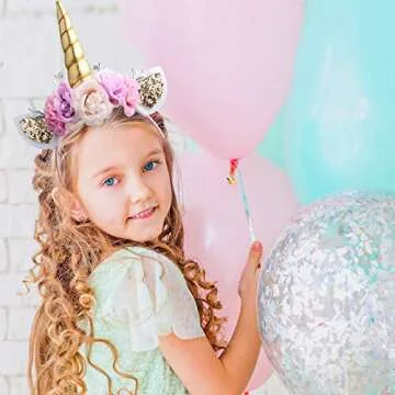 AHIER Unicorn Headband Gold Horn for Unicorn Party Supplies Flowers Cat Ear Head Bands (Unicorn Headband)