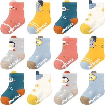 Aroveea Baby Toddle Socks Grip Non Slip Boys Girls Cotton Socks 12 Pack for 6-12Months Kids Ankle Cu...