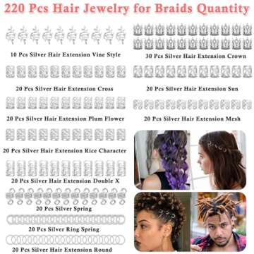 Lucomb 220 Pcs Silver Hair Jewelry for Braids, Loc Jewelry for Hair Dreadlock, Hair Charms for Women...