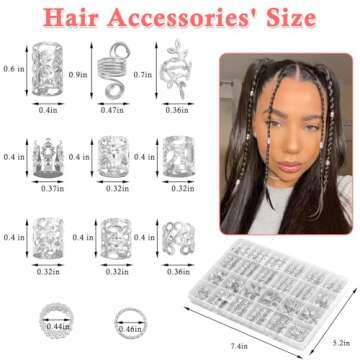 Lucomb 220 Pcs Silver Hair Jewelry for Braids, Loc Jewelry for Hair Dreadlock, Hair Charms for Women, Metal Silver Braids Rings Cuffs Clips for Dreadlock Accessories Hair Braids Jewelry Decorations