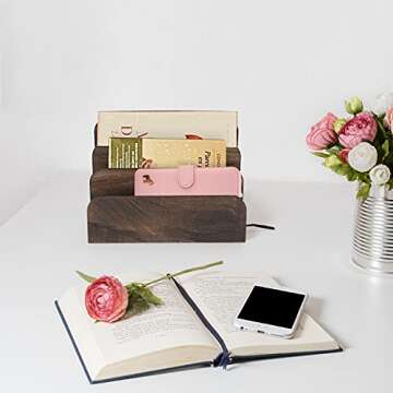 LOTCAIN File Holder for Desk,Wood Paper Organizer,Rustic Desk Organizer,Mail Sorter for Desktop,Organizer for Counter,Letter Organizer for Document/Filing/Folders/Paper,Darkbrown