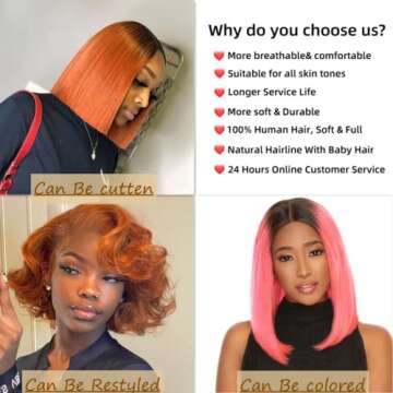 SUPERNOVA Colored Bob Wig 1B/350 Light Orange Brown Ombre 13x4 Lace Front Wig with Baby Hair Straight Human Hair Bob Hair Wigs for Black Women 150% Density Hair(8 inch,Bob Wig)