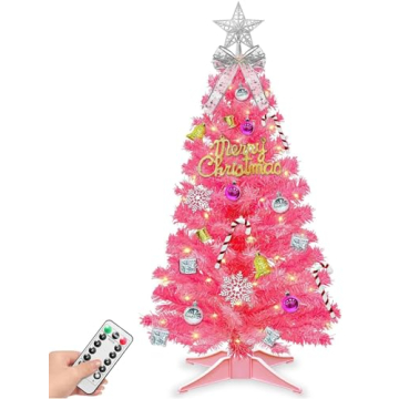 3 Ft Pink Christmas Tree with Dual Color Change Lights Timer Remote, 3D Star&44Ornaments, 8 Modes 50...