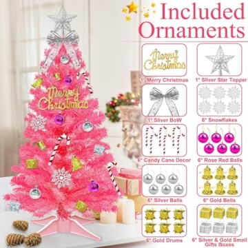 3 Ft Pink Christmas Tree with Lights and 44 Ornaments