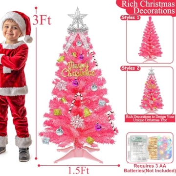 3 Ft Pink Christmas Tree with Lights and 44 Ornaments
