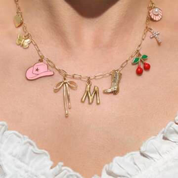 GINAZL Beach Personalized Necklace Summer Beach Jewelry for Women Womens Charm Necklace,Gold Plated Charm Initial C Necklace for Women Sister Cowgirl Necklace for Women (C)