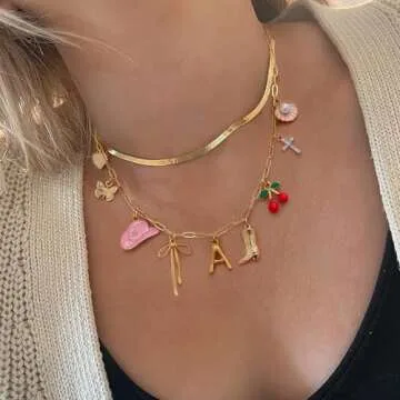 GINAZL Beach Personalized Necklace Summer Beach Jewelry for Women Womens Charm Necklace,Gold Plated Charm Initial C Necklace for Women Sister Cowgirl Necklace for Women (C)