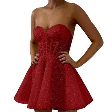 Exquisite A-line Glitter Tulle Strapless Homecoming Dress for Women, Mini Sweetheart Burgundy Gown