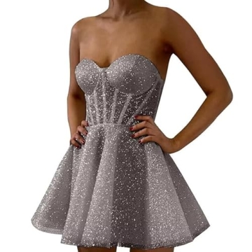 Stunning A-line Glitter Tulle Strapless Homecoming Dress