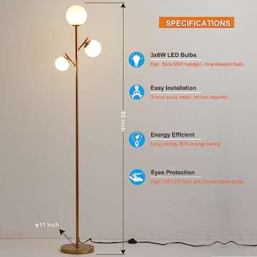Fiqevs 3 Globe Mid Century Floor Lamp, Vintage Standing Lamp with 3 LED Bulbs & Sphere Frosted Glass Shades, Modern Gold Tree Floor Lamp for Living Room, Bedroom, Office