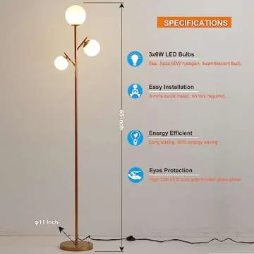 Fiqevs 3 Globe Mid Century Floor Lamp, Vintage Standing Lamp with 3 LED Bulbs & Sphere Frosted Glass Shades, Modern Gold Tree Floor Lamp for Living Room, Bedroom, Office