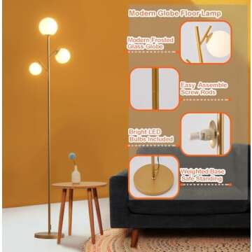 Fiqevs 3 Globe Mid Century Floor Lamp, Vintage Standing Lamp with 3 LED Bulbs & Sphere Frosted Glass Shades, Modern Gold Tree Floor Lamp for Living Room, Bedroom, Office