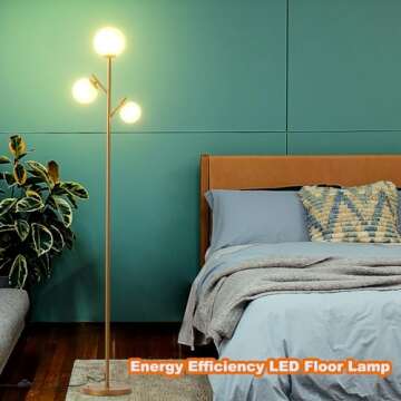 Fiqevs 3 Globe Mid Century Floor Lamp, Vintage Standing Lamp with 3 LED Bulbs & Sphere Frosted Glass Shades, Modern Gold Tree Floor Lamp for Living Room, Bedroom, Office