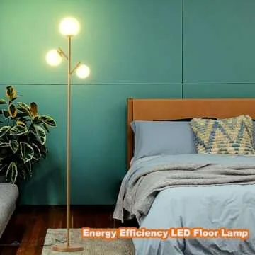 Fiqevs 3 Globe Mid Century Floor Lamp, Vintage Standing Lamp with 3 LED Bulbs & Sphere Frosted Glass Shades, Modern Gold Tree Floor Lamp for Living Room, Bedroom, Office